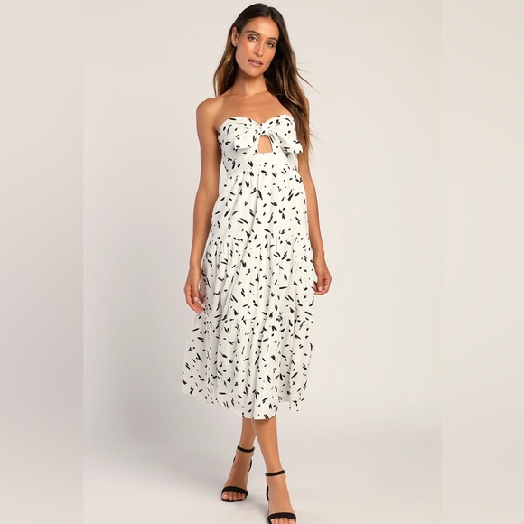 Lulus So Stylish White Abstract Print Tie-Front Strapless Midi Dress NWT - Picture 1 of 6